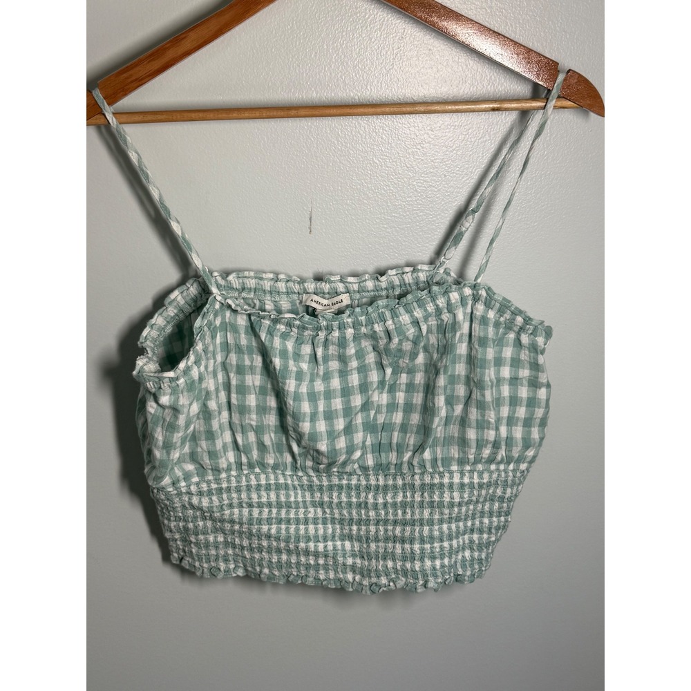 American Eagle Green Gingham Smocked Crop Cami Top Women Large Adjustable Straps